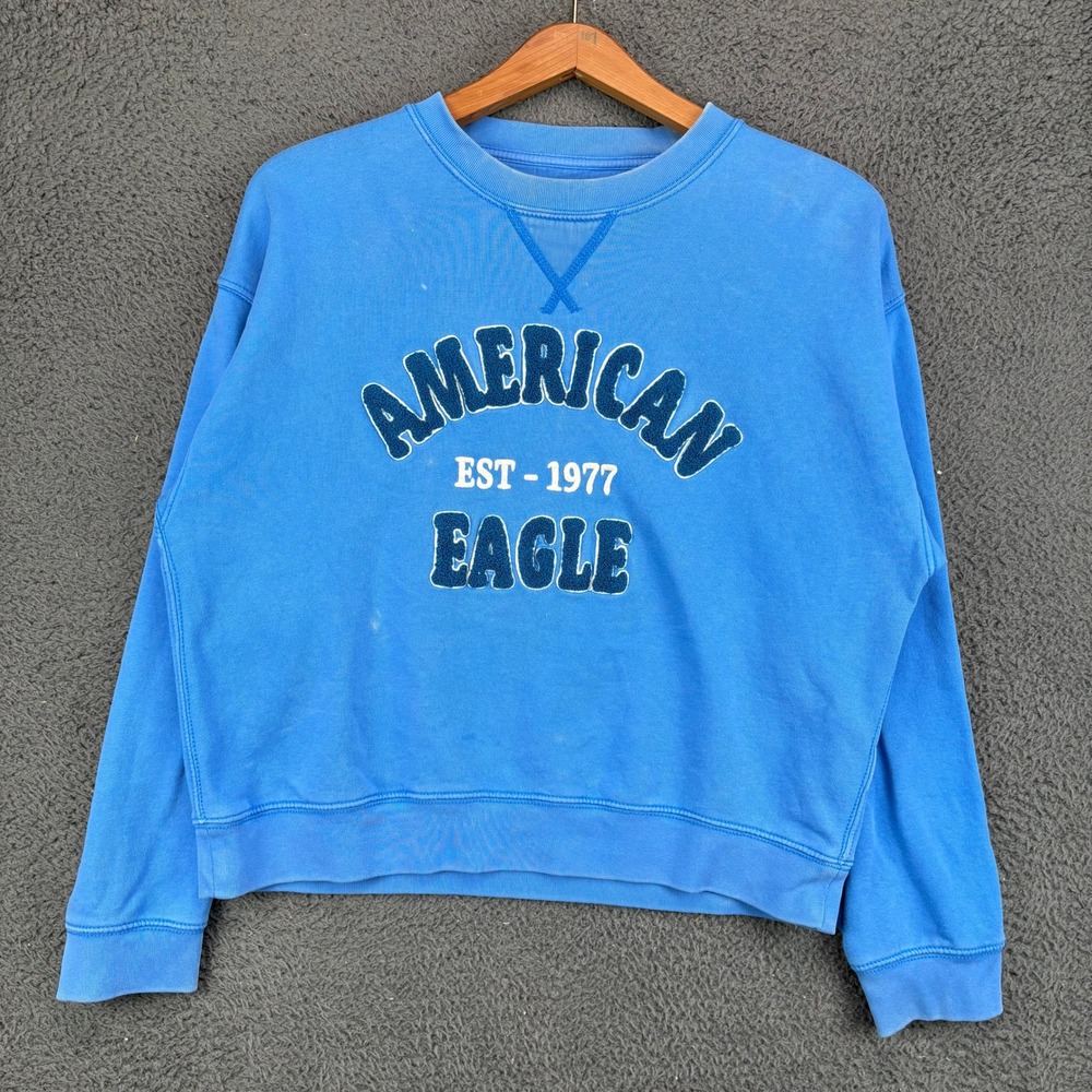 American Eagle Blue Crewneck Sweatshirt EST 1977 Graphic Pullover Womens XS